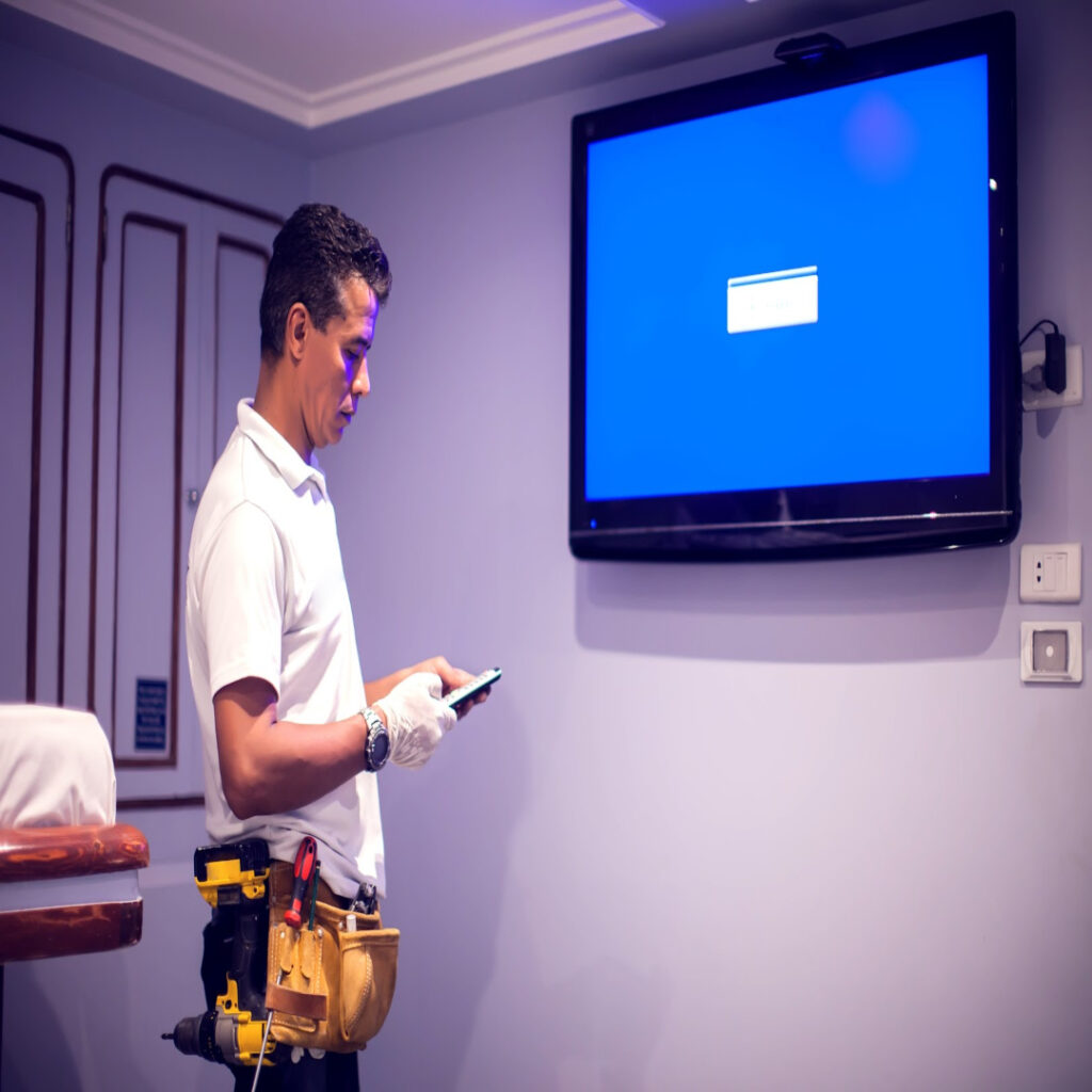 Technician repairing LED TV at customer home – TV Repair Vizag expert service