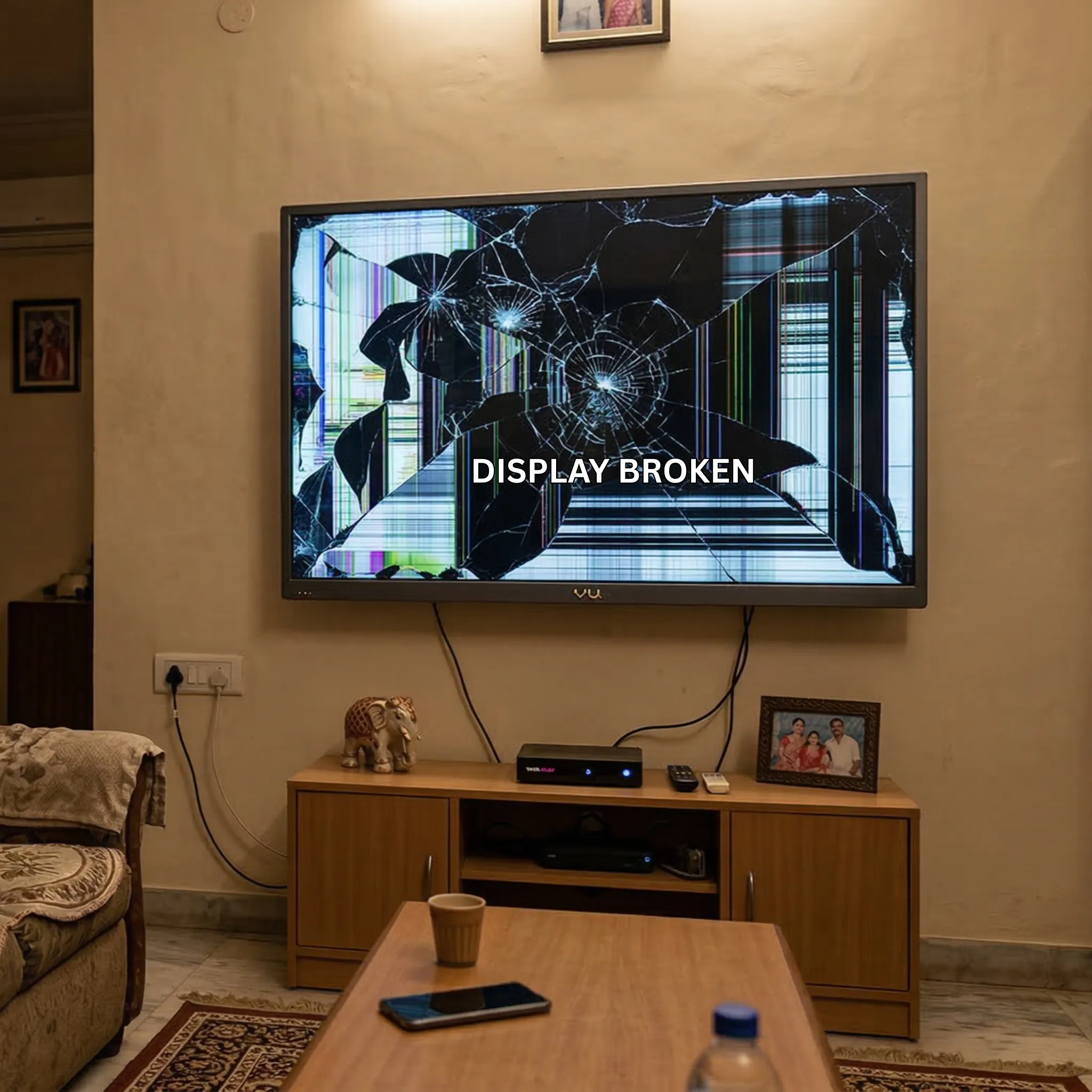 Broken VU TV display before repair in Vizag