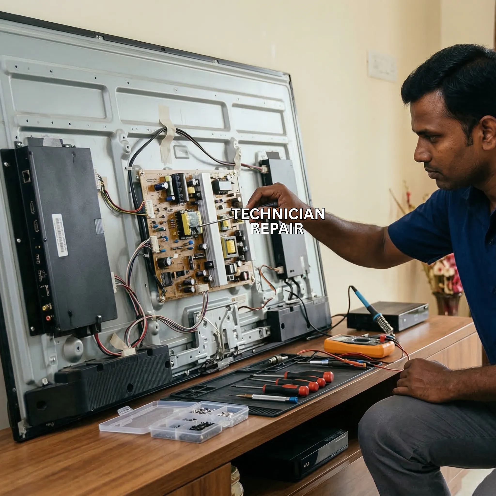 Technician repairing VU TV at customer home in Vizag