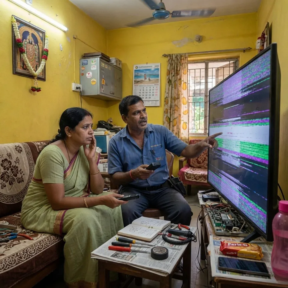 TV technician explaining flickering repair to customer in Vizag