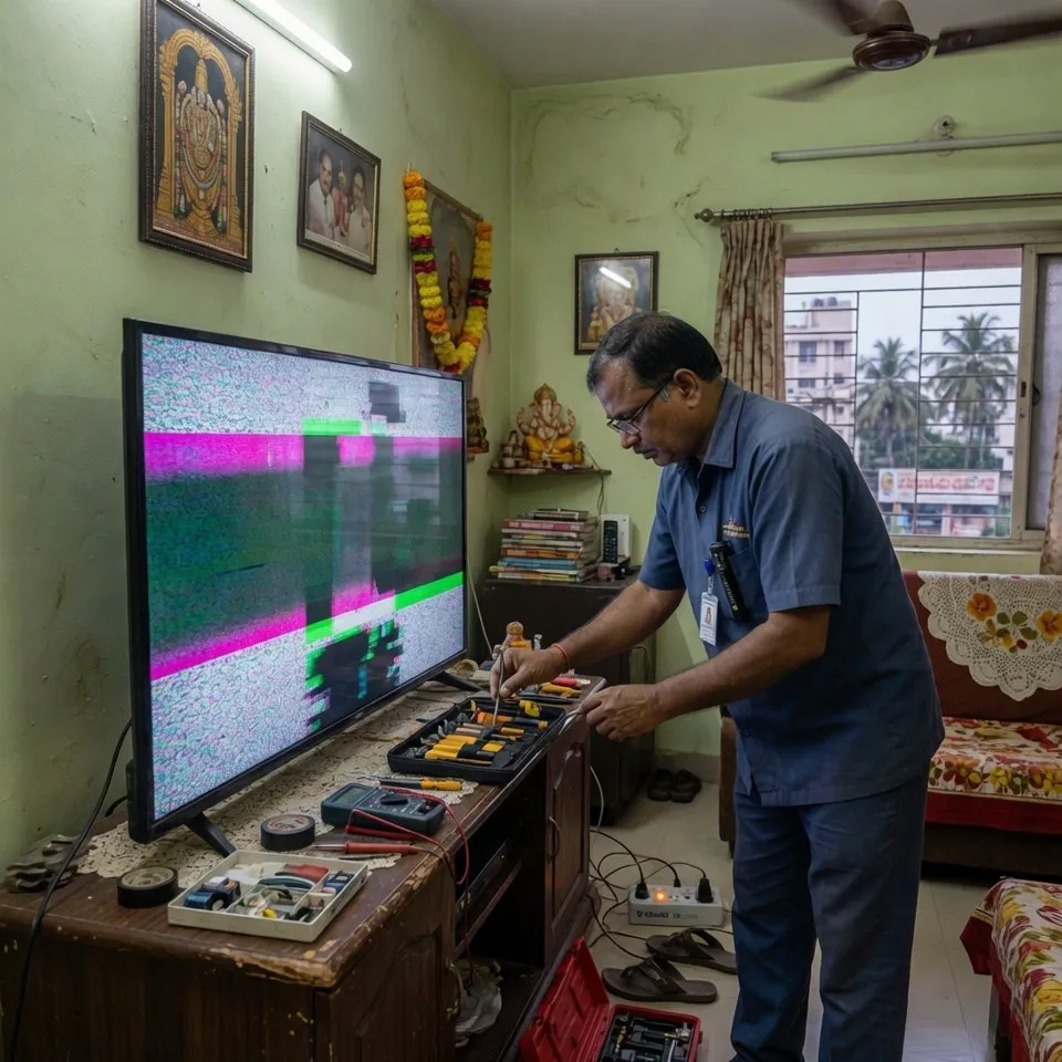 Technician checking flickering TV carefully in Vizag