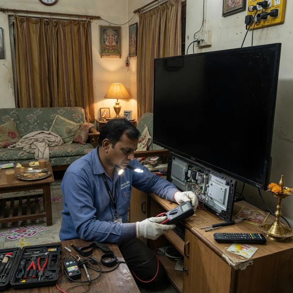 Technician checking TV carefully in Vizag