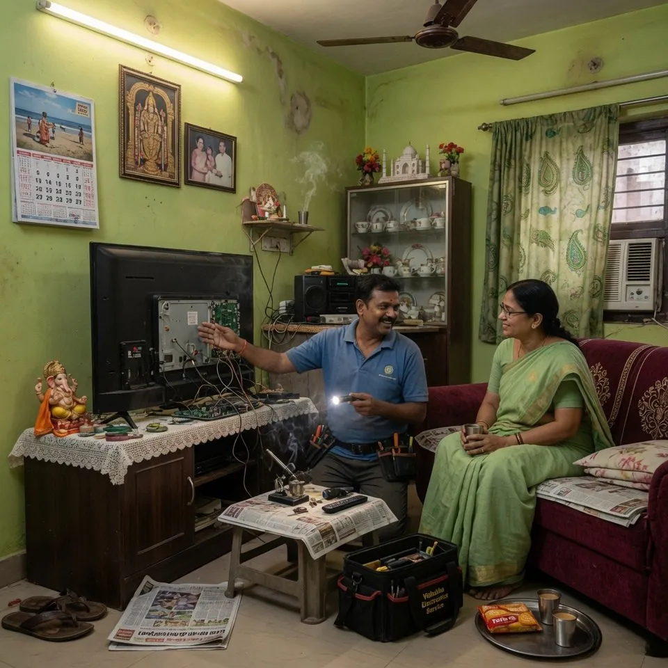 TV technician explaining repair to customer Vizag