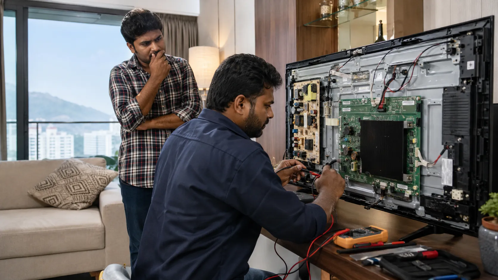 TV Motherboard Problems Vizag technician checking Smart TV circuit board issue