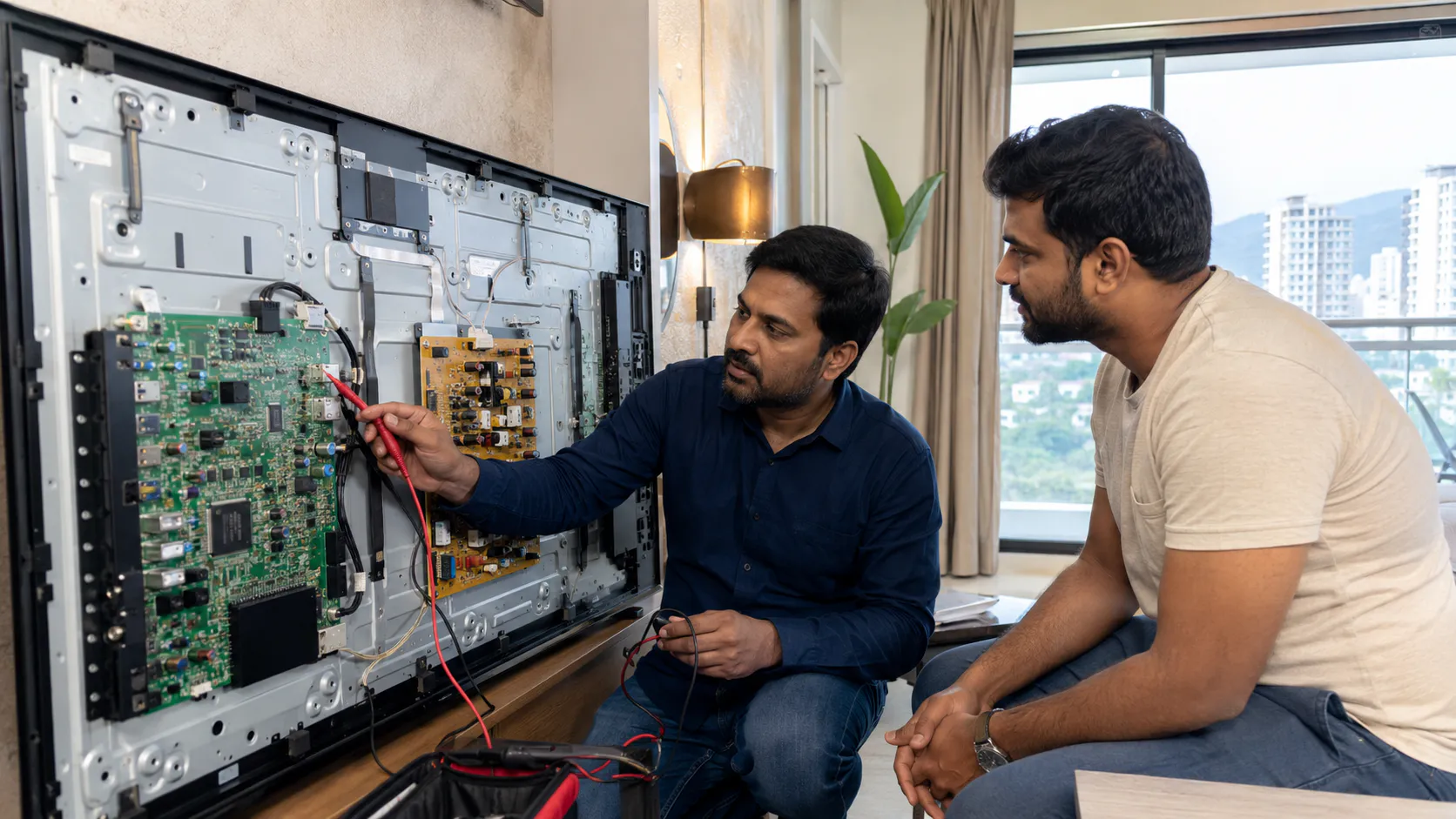 TV Motherboard Repair Vizag technician explaining Smart TV board issue to customer