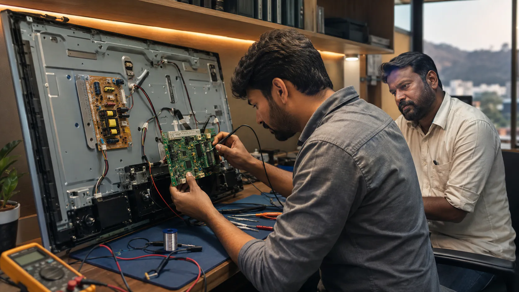 TV Motherboard Repair Vizag technician repairing Smart TV circuit board