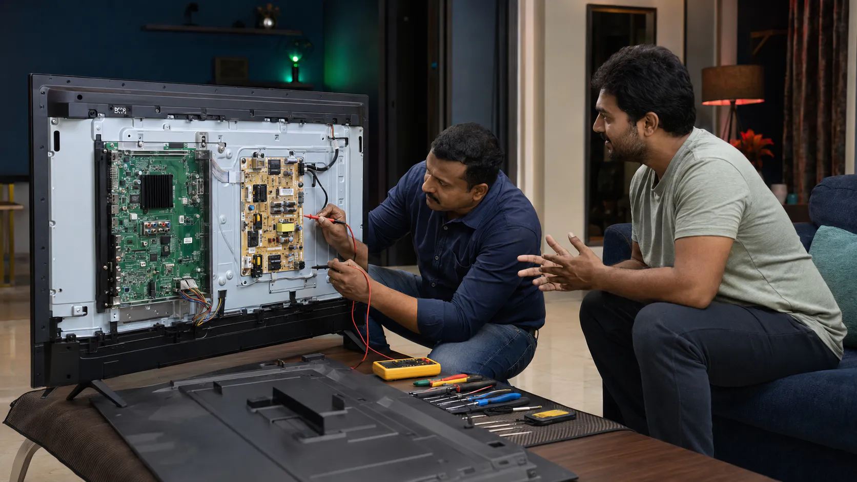Doorstep TV Repair Vizag technician checking Smart TV at home